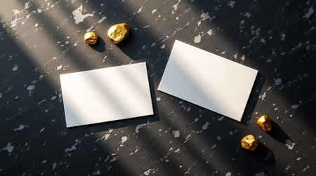 Two blank cards lie on a dark, textured surface, with several gold-colored rocks scattered around, illuminated by soft sunlight creating a stylish atmosphere.の素材
