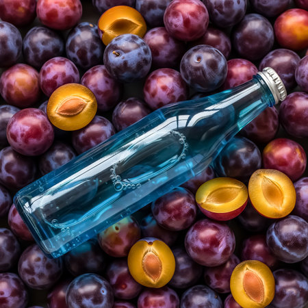 A blue glass bottle of sparkling water sits among ripe plums and halved yellow plums, showing their rich colors at a local farmers market on a sunny afternoon.の素材