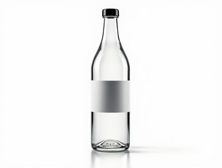 A transparent glass bottle with no labeling sits on a glossy white surface. The light reflects off the bottle, showing its clarity and form. Ideal for minimalistic design.の素材