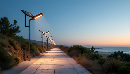 A serene coastal walkway illuminated by solar street lights under a twilight sky. The path curves gently along the beach, enhancing the peaceful evening atmosphere.の素材