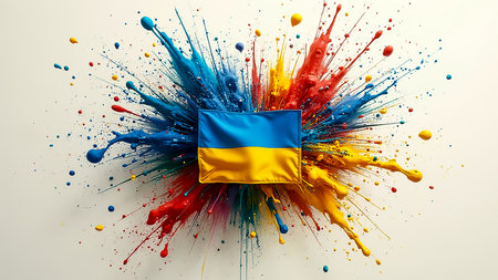 An artistic features display the Ukrainian flag at the center, enveloped by dynamic splashes of blue and yellow paint. This vibrant creation captures national pride and creativity.の素材