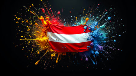 An artistic display showcases the Austrian flag amidst splashes of vibrant colors. The flag's red and white contrasts beautifully against the energetic blue and orange background.の素材