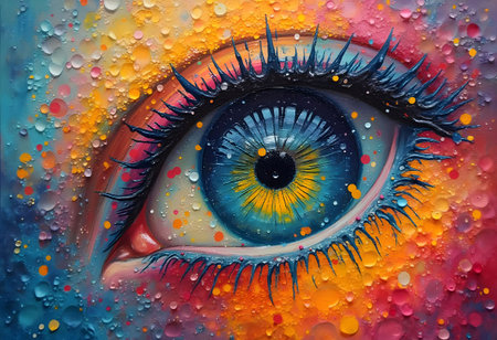 An eye-catching artwork features a close-up of an eye, with a striking blend of blue and yellow hues. The background displays a burst of colors and textures that enhances the vividness of the artwork.の素材
