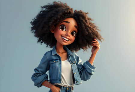 A cheerful girl stands confidently while playing with her curly hair. She wears a denim jacket and a white top, with a bright smile illuminated by gentle indoor lighting.の素材