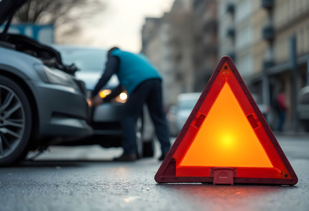 A driver is checking the engine of a car with an open hood on a busy city street. An orange warning triangle is visible to alert other motorists in the evening light.の素材