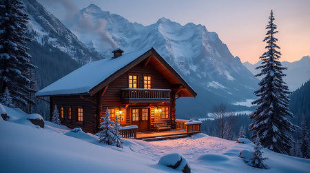 A rustic wooden cabin nestled in a snowy landscape showcases warm lights against the twilight backdrop. Majestic mountains rise dramatically, completing the serene winter scene.の素材