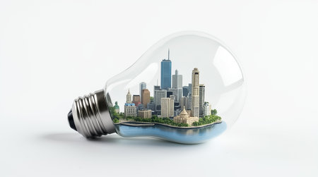A creative concept featuring a bustling city scene enclosed within a transparent light bulb. This unique artwork blends urban life with imaginative design elements for visual impact.の素材