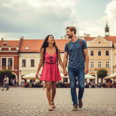 A man and woman stroll hand in hand through a picturesque European square. They share smiles while enjoying the pleasant weather and lively atmosphere around them.の素材