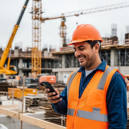 A construction worker in an orange safety vest and helmet enjoys a moment of connection on his smartphone. He stands on a bustling job site surrounded by cranes and machinery.の素材