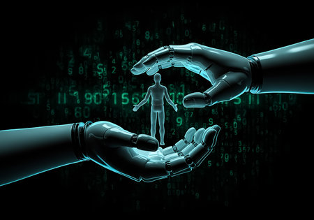 In a dark, high-tech setting, two robotic hands gently hold a small, glowing figure representing a human within a backdrop of flowing data.の素材