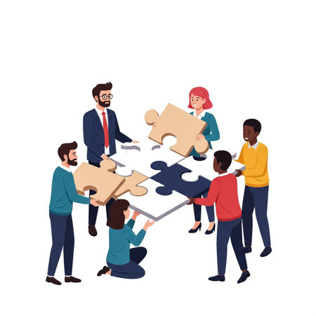 Group of diverse individuals working together to assemble large puzzle pieces. This collaborative effort highlights the importance of teamwork and communication in a contemporary office setting.の素材