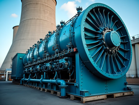 A massive blue turbine is prominently displayed at a power generation facility. Its intricate design highlights modern technology in energy production set against a clear sky.の素材