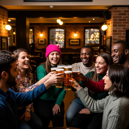A joyful group of friends raises their glasses filled with beer in a cozy pub. They share laughter and conversation, creating a warm atmosphere during a chilly evening.の素材