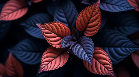 Colorful leaves in shades of red and blue create a striking visual contrast, showing their intricate veins and textures against a dark background. The scene captures the beauty of nature.の素材