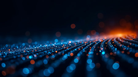 Bright particles sparkle in waves across a dark background, creating an abstract visual effect. The interplay of colors adds depth and vibrancy to the scene, inviting viewer exploration.の素材