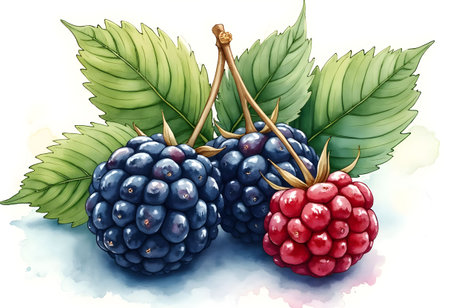 Bright blackberries and raspberries showcase their lush colors alongside green leaves. The berries sit against a soft background, emphasizing their freshness and natural beauty.の素材