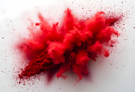 A bright red cloud bursts dramatically against a clean white background, showing the energy of the moment. Fine particles scatter, demonstrating a captivating display of color and movement.の素材