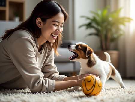 A woman lies on a soft rug, smiling as she engages with her energetic puppy. The charming puppy barks happily while playing with a bright ball. Sunlight filters through the window, adding warmth.の素材