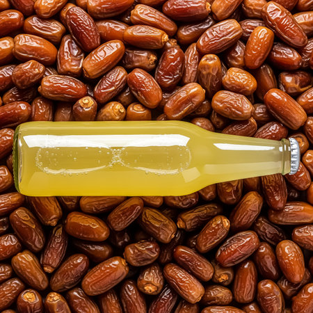 A colorful arrangement features a sealed bottle of refreshing drink placed on a bed of rich, brown dates. This setting highlights delicious flavors and textures.の素材