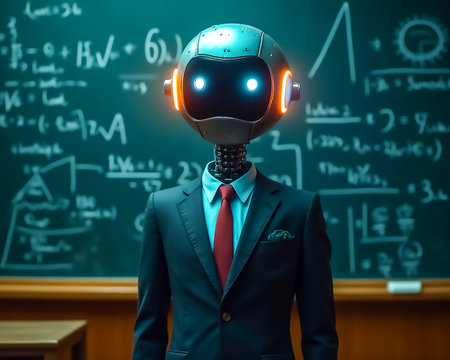 A humanoid robot in formal attire stands in front of a chalkboard covered with equations and graphs, exuding a sense of confidence and intelligence. The setting is an educational environment.の素材