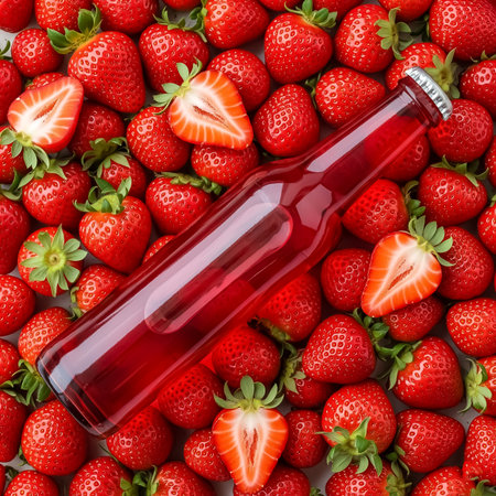 A collection of ripe strawberries surrounds a clear glass bottle filled with bright red juice. The strawberries are fresh and glistening, showing their natural sweetness.の素材