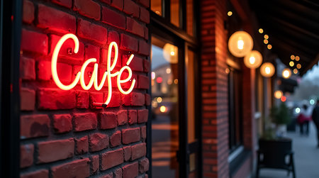 A neon cafe sign glows warmly on a brick wall as dusk settles. Soft lights hang above, creating a welcoming vibe in the bustling street with people enjoying the evening.の素材