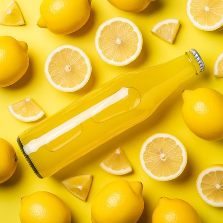 A vibrant yellow drink bottle is positioned among whole and sliced lemons on a sunny yellow background, creating an inviting summer vibe. This setup highlights freshness and zest.の素材