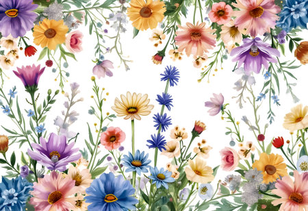 A diverse assortment of wildflowers in bright colors, including purple, yellow, and pink, fills the frame against a clean white background, evoking a cheerful spring vibe.の素材