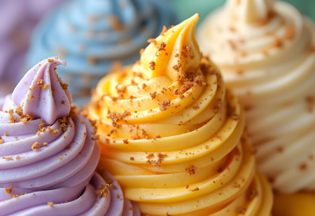 Soft serve ice cream in vibrant colors swirls high in cones, with each flavor beautifully topped with crunchy crumbs. Perfectly presented at a dessert stand for indulgent enjoyment.の素材