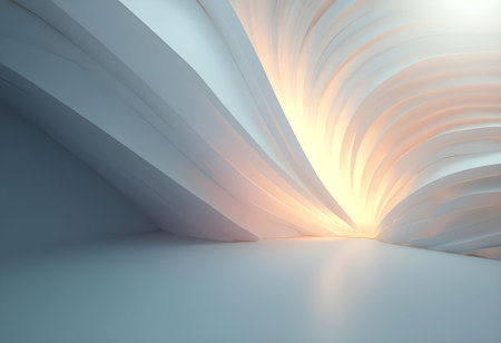 Soft, glowing light filters through a series of flowing, sculptural walls in a serene, modern interior space designed for creativity and inspiration.の素材