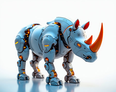 A futuristic rhinoceros model features a sleek metallic body with glowing elements and a striking orange horn. This artwork blends creativity and technology, inviting admiration and fascination.の素材