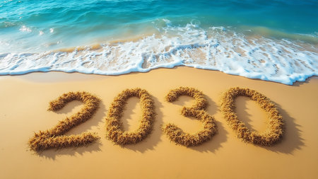 The year 2030 is carved in seaweed on golden sand, with gentle ocean waves lapping at the shore under a bright blue sky. A serene seaside atmosphere enhances the moment.の素材
