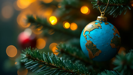 A vibrant globe ornament is beautifully displayed on a Christmas tree. The tree glows with golden lights, creating a warm and festive atmosphere for the holiday season.の素材