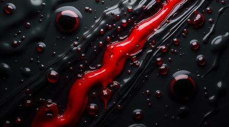A vibrant red liquid meanders through a glossy black surface, creating an intriguing pattern with droplets and streaks that enhance the overall aesthetic impact.の素材