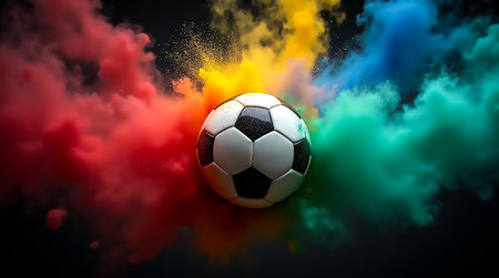 A soccer ball is surrounded by vibrant colored smoke in shades of red, yellow, green, and blue. The dramatic effect creates an energetic atmosphere perfect for a sports celebration.の素材
