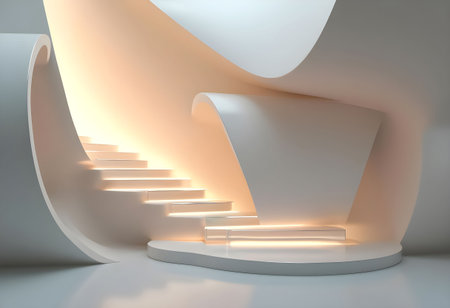 A graceful staircase winds upward in a sleek, modern space. The white walls and soft lighting create a serene atmosphere, emphasizing the elegant architectural features.の素材