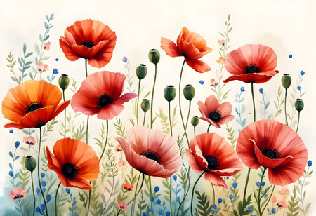 Red and orange poppy flowers flourish in a colorful garden, surrounded by delicate greenery and small blue blossoms. The scene captures the beauty of nature in spring.の素材
