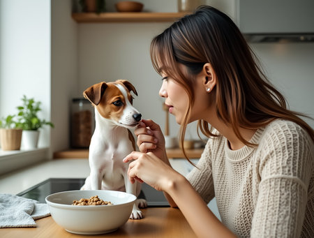 A young woman interacts lovingly with her puppy at a kitchen table, feeding it while enjoying a sunny morning. The atmosphere is warm and inviting with natural light.の素材
