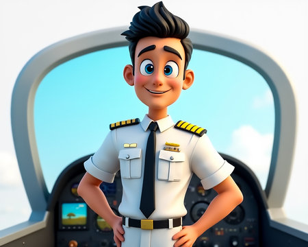 A young male pilot stands proudly in the cockpit, wearing a crisp uniform with epaulets. He smiles at the viewer, showcasing a bright blue sky in the background.の素材