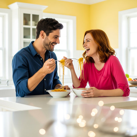 A man and woman share a joyful moment as they eat pasta at a kitchen island. Bright yellow walls and warm lighting create an inviting atmosphere for their meal.の素材