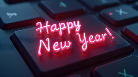 Bright pink text wishing Happy New Year is illuminated on a black keyboard key. The glowing letters add a festive touch, perfect for celebrating the arrival of a new year.の素材