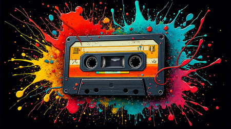 A retro cassette tape sits at the center of the composition, surrounded by vivid splashes of red, blue, yellow, and green paint against a striking black background, creating a lively atmosphere.の素材