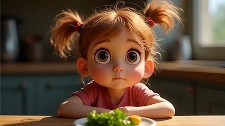 A young girl with large expressive eyes sits at a kitchen table, staring curiously at a plate of food. Sunlight illuminates the room, enhancing the cozy atmosphere. She appears eager and thoughtful.の素材