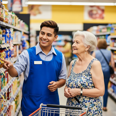 A young employee assists an older woman in a grocery store aisle, pointing to products on the shelf. Their interaction is friendly and attentive, creating a warm shopping experience.の素材