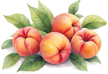 Four ripe peaches with a reddish-yellow hue sit nestled among vibrant green leaves, highlighting their fresh appearance and inviting texture, ideal for summer recipes or market displays.の素材