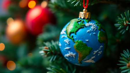 A vibrant globe ornament is beautifully placed on an evergreen tree amidst twinkling lights. The decoration symbolizes unity and festivity during the holiday season.の素材