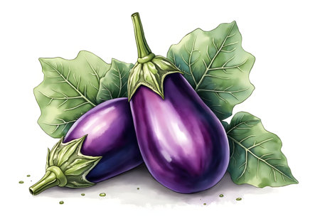 Two vibrant eggplants in a rich purple hue are nestled among lush green leaves, emphasizing their freshness and natural beauty in an artistic display.の素材