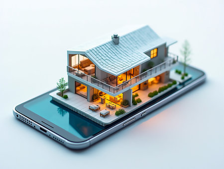 A smartphone serves as a base for a detailed miniature house, featuring glowing windows, cozy outdoor seating, and a well-designed garden under soft twilight lighting.の素材