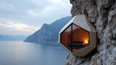 Nestled against a cliff, a geometric pod overlooks a serene lake at dusk. Soft light from inside contrasts with the twilight sky, enhancing the scenic beauty of the landscape.の素材