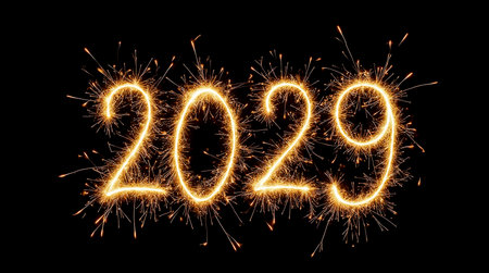 The number 2029 is outlined in vibrant sparkles, showcasing a festive atmosphere perfect for welcoming the New Year. The striking display stands out against a dark backdrop.の素材
